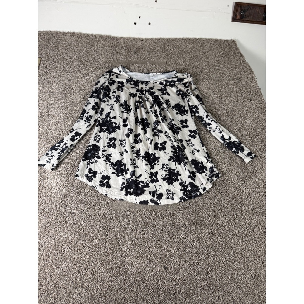Luckymore Womens White Black Floral Long Sleeve Henley Tunic Blouse Medium